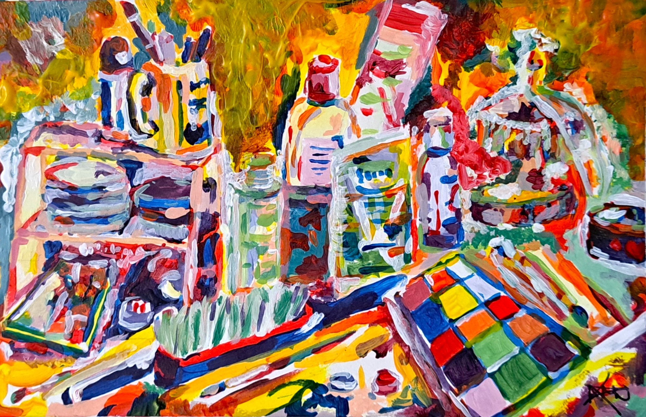 original painting by Ambrose Melissa Johnston, depicting their make up set